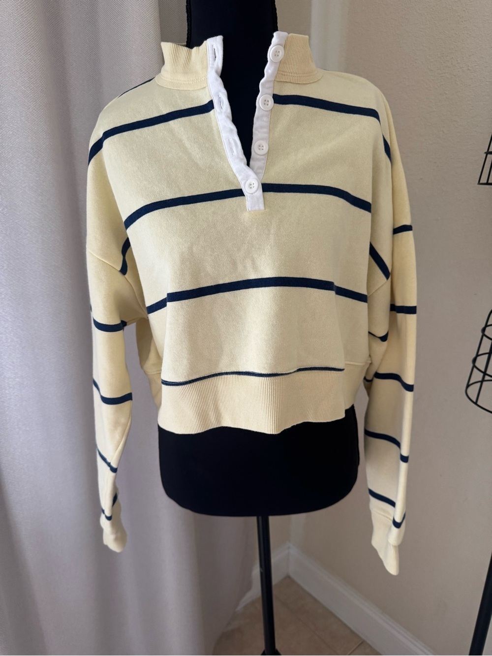 BP. Cream Navy Stripe Half Button Cropped Sweatshirt Pullover Size S - Picture 2 of 11